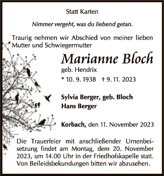 Traueranzeige von Marianne Bloch von WLZ