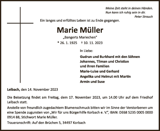 Traueranzeige von Marie Müller von WLZ