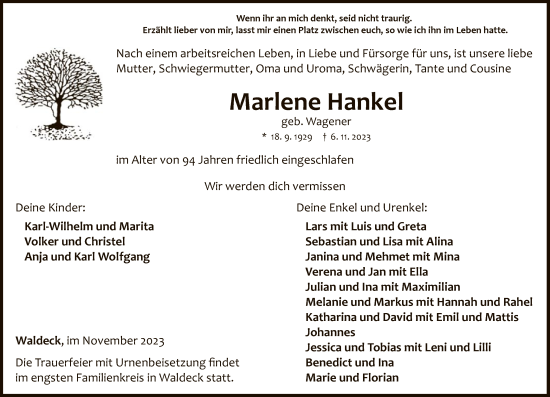 Traueranzeige von Marlene Hankel von WLZ