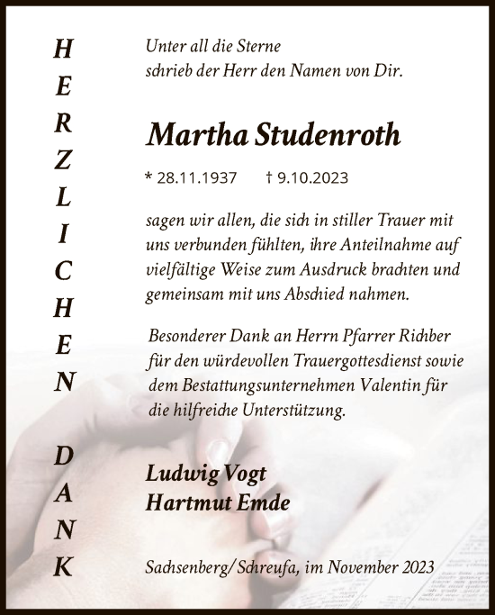 Traueranzeige von Martha Studenroth von HNAWLZ