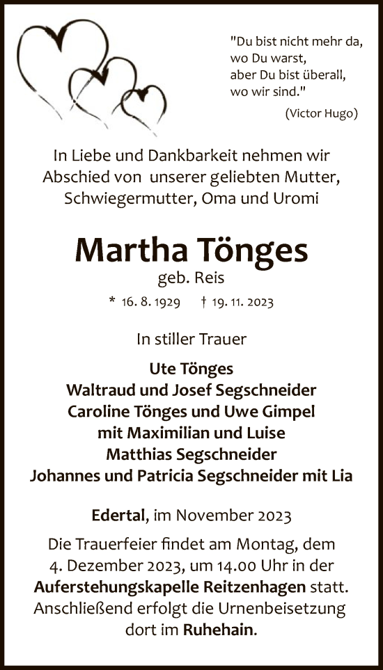 Traueranzeige von Martha Tönges von WLZ