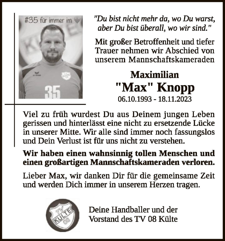  Traueranzeige für Max Knopp vom 22.11.2023 aus WLZ