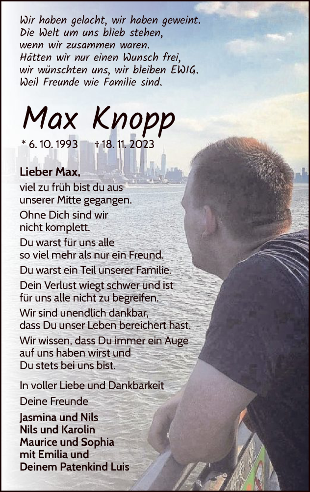  Traueranzeige für Max Knopp vom 22.11.2023 aus WLZ