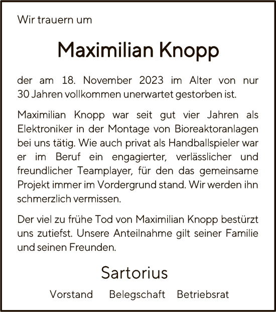 Traueranzeige von Maximilian Knopp von HNAWLZ