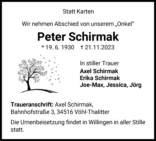 Traueranzeige von Peter Schirmak von WLZ