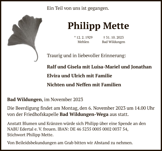 Traueranzeige von Philipp Mette von WLZ