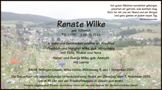 Traueranzeige von Renate Wilke von WLZ