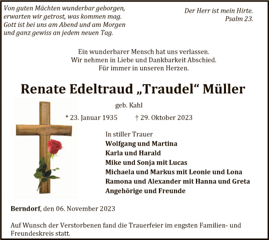 Traueranzeige von Renate Edeltraud Müller von WLZ