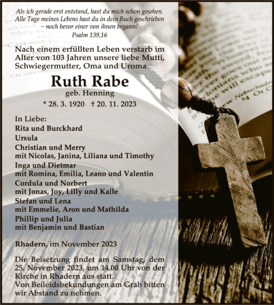 Traueranzeige von Ruth Rabe von WLZ