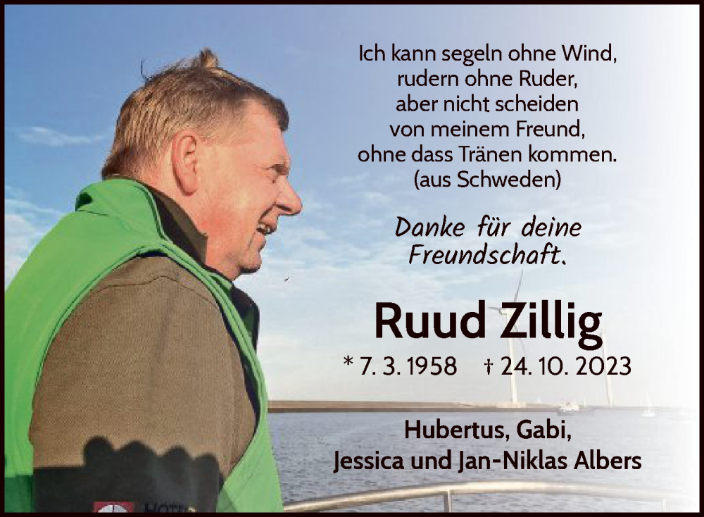  Traueranzeige für Ruud Zillig vom 01.11.2023 aus WLZ