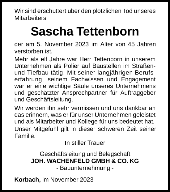 Traueranzeige von Sascha Tettenborn von WLZ