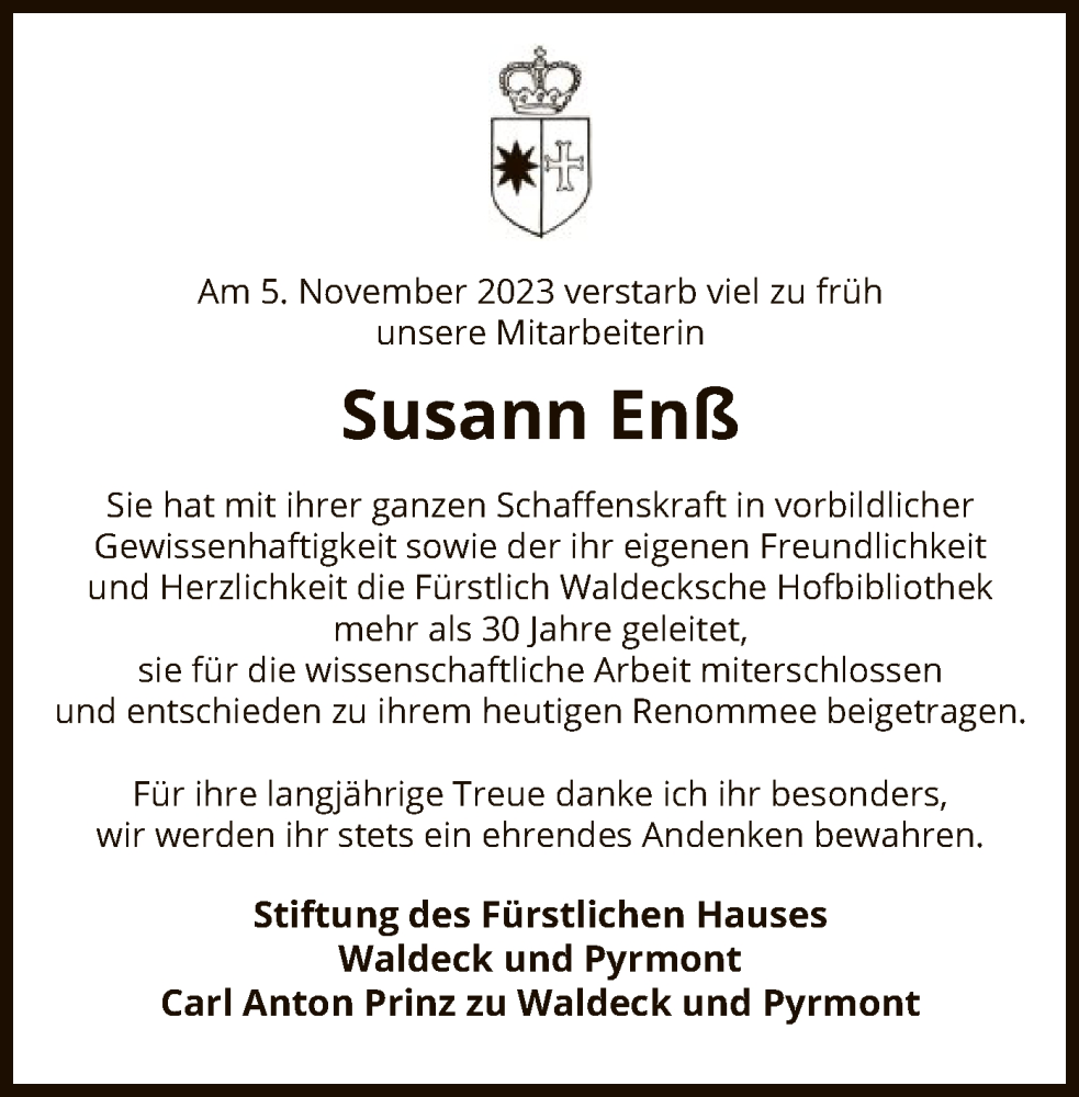  Traueranzeige für Susann Enß vom 18.11.2023 aus WLZ