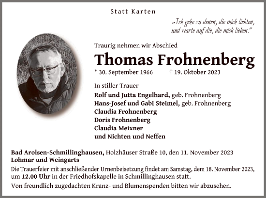Traueranzeige von Thomas Frohnenberg von WLZ