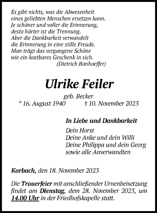 Traueranzeige von Ulrike Feiler von WLZ