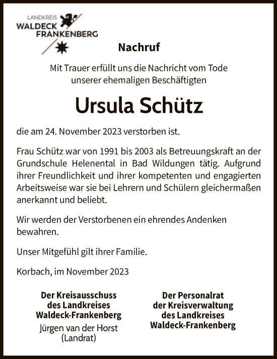 Traueranzeige von Ursula Schütz von WLZ