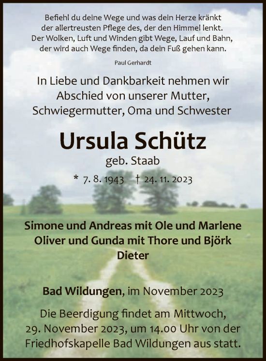 Traueranzeige von Ursula Schütz von WLZ