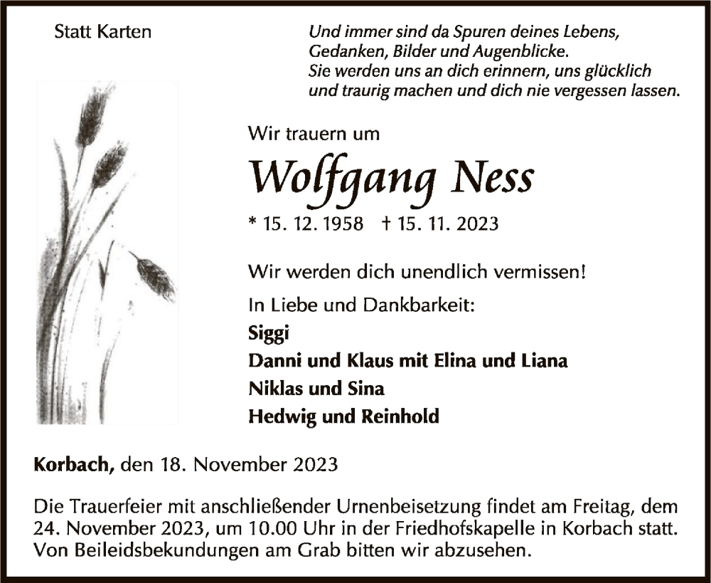  Traueranzeige für Wolfgang Ness vom 18.11.2023 aus WLZ