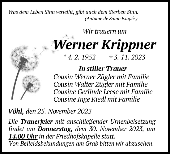 Traueranzeige von Werner Krippner von WLZ