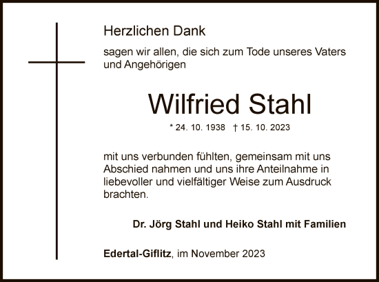 Traueranzeige von Wilfried Stahl von WLZ