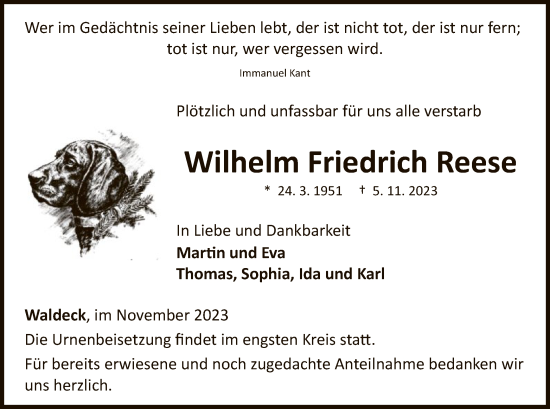 Traueranzeige von Wilhelm Friedrich Reese von WLZ