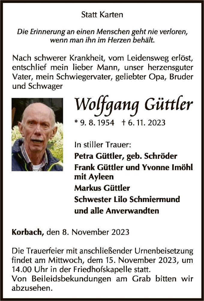  Traueranzeige für Wolfgang Güttler vom 08.11.2023 aus WLZ