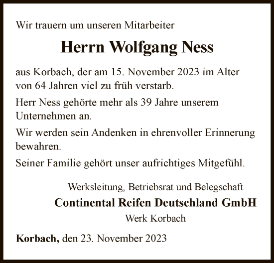 Traueranzeige von Wolfgang Ness von WLZ
