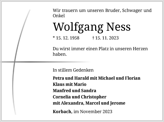 Traueranzeige von Wolfgang Ness von WLZ