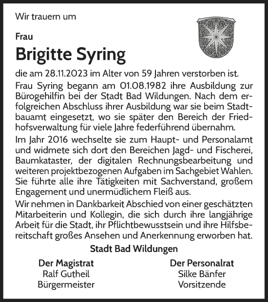 Traueranzeige von Brigitte Syring von WLZ