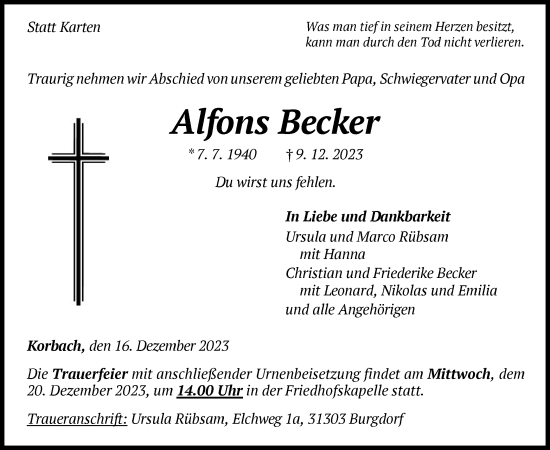 Traueranzeige von Alfons Becker von WLZ