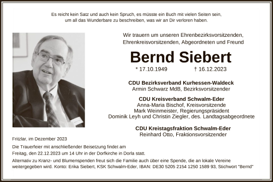 Traueranzeige von Bernd Siebert von HNA