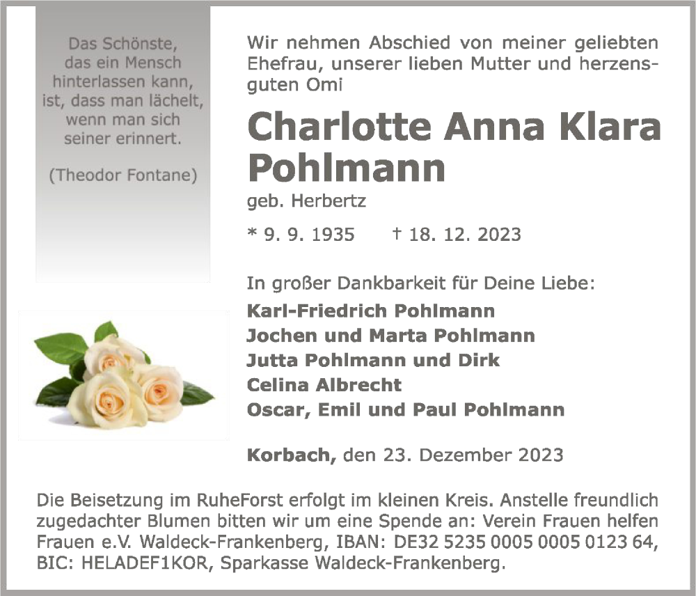  Traueranzeige für Charlotte Anna Klara Pohlmann vom 23.12.2023 aus WLZ