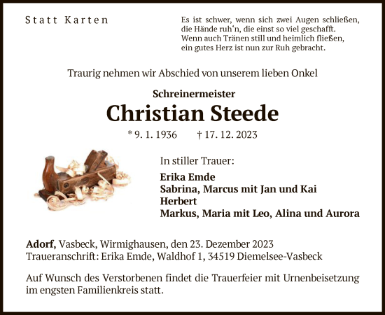 Traueranzeige von Christian Steede von WLZ