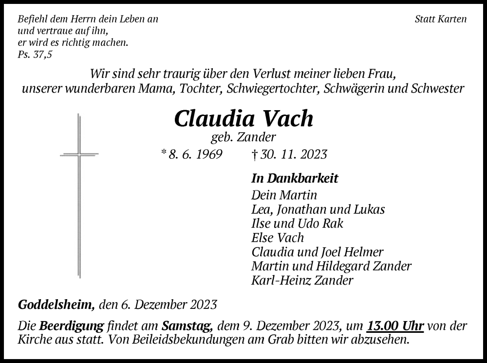  Traueranzeige für Claudia Vach vom 06.12.2023 aus WLZ
