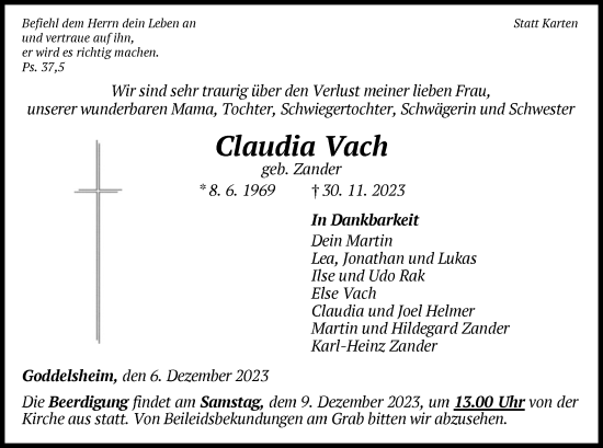 Traueranzeige von Claudia Vach von WLZ