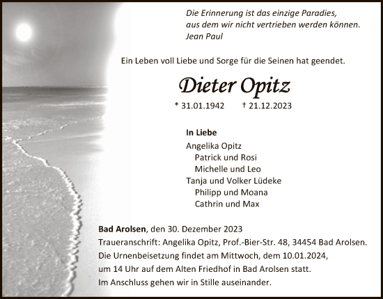 Traueranzeige von Dieter Opitz von WLZ