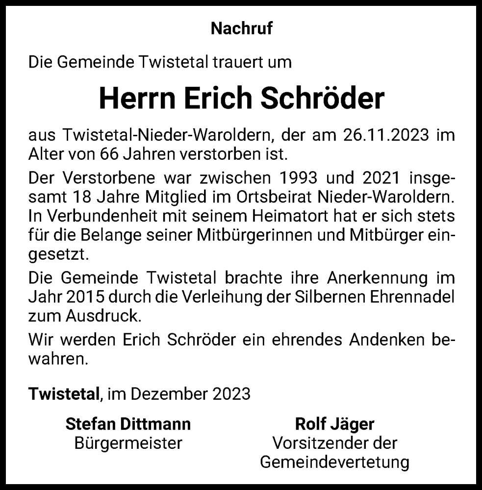  Traueranzeige für Erich Schröder vom 05.12.2023 aus WLZ