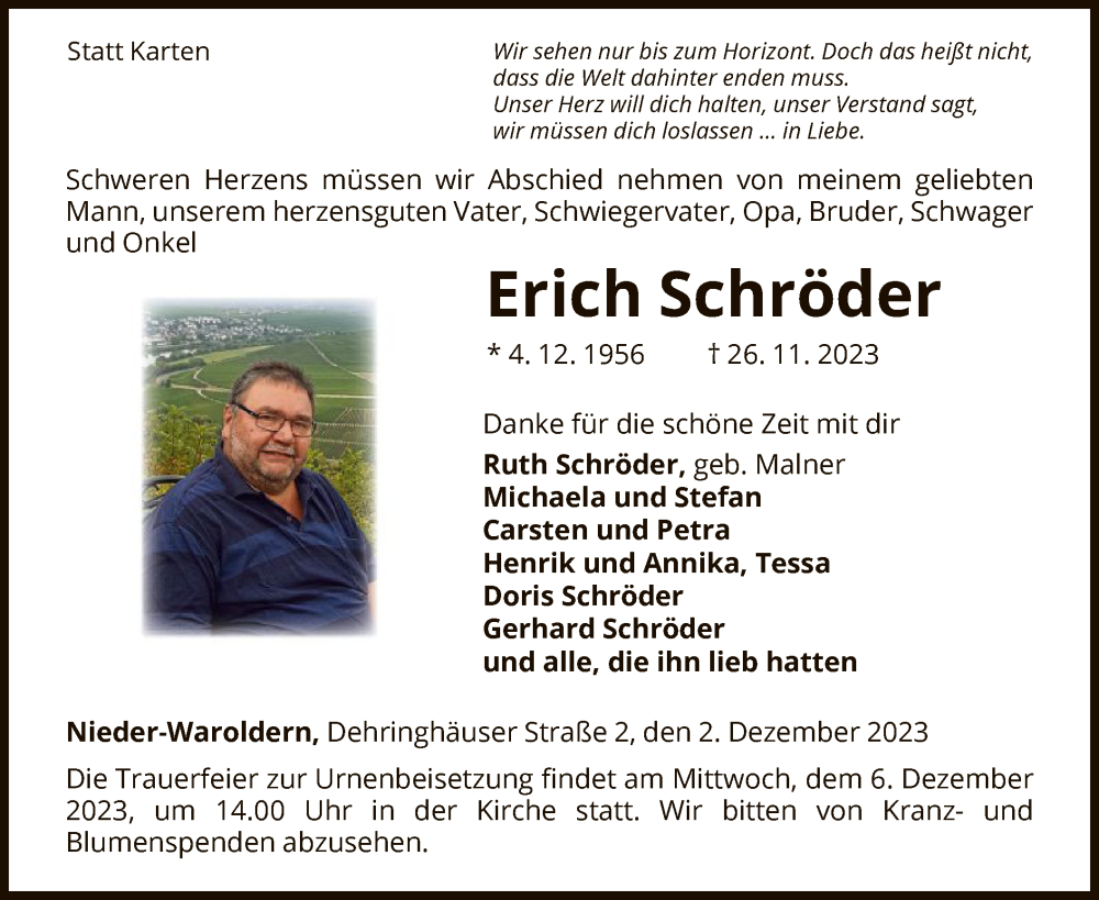  Traueranzeige für Erich Schröder vom 02.12.2023 aus WLZ