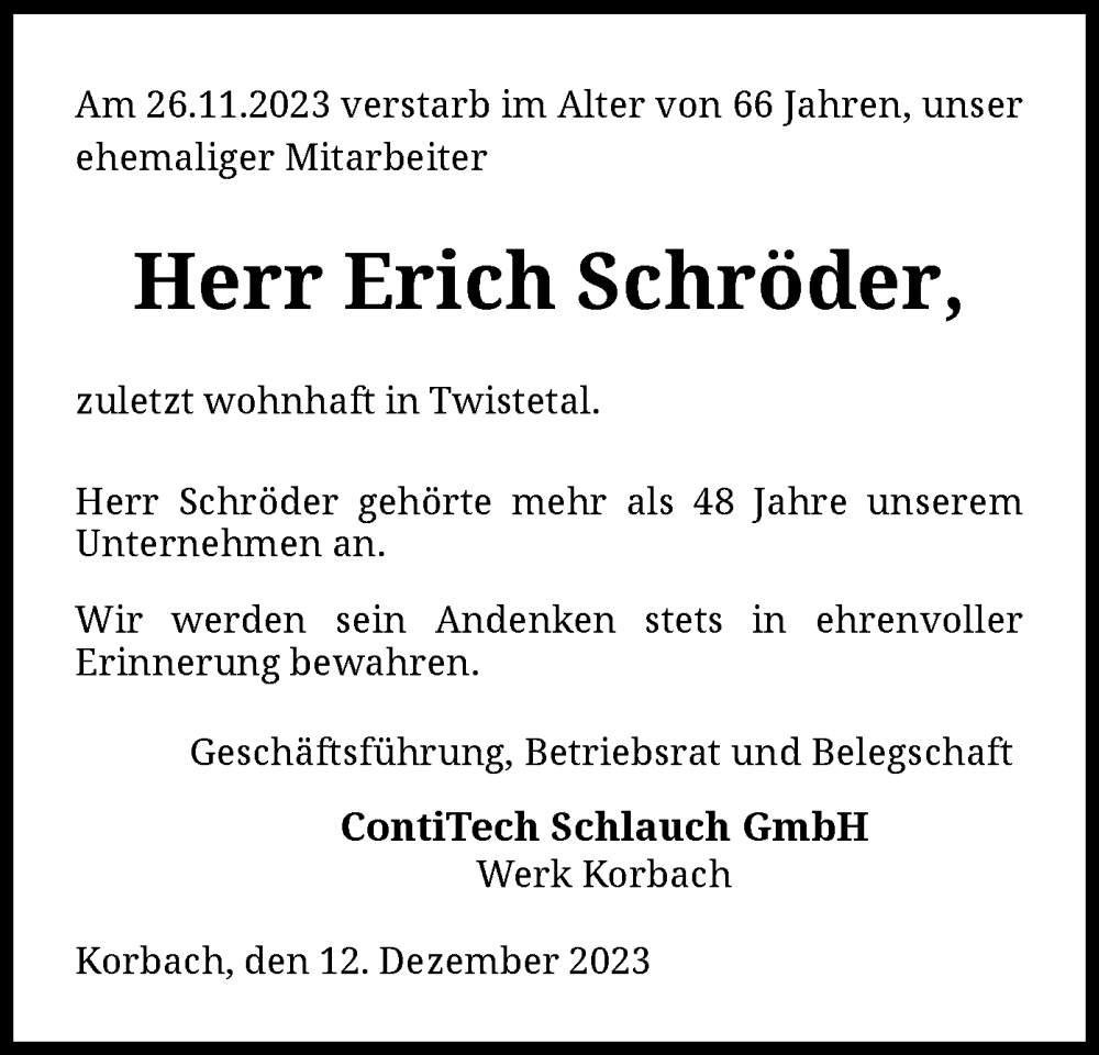  Traueranzeige für Erich Schröder vom 12.12.2023 aus WLZ