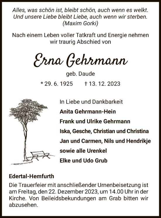 Traueranzeige von Erna Gehrmann von WLZ