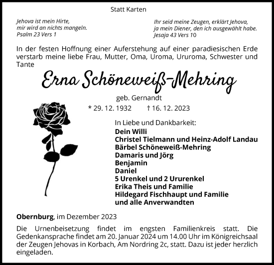 Traueranzeige von Erna Schöneweiß-Mehring von WLZ