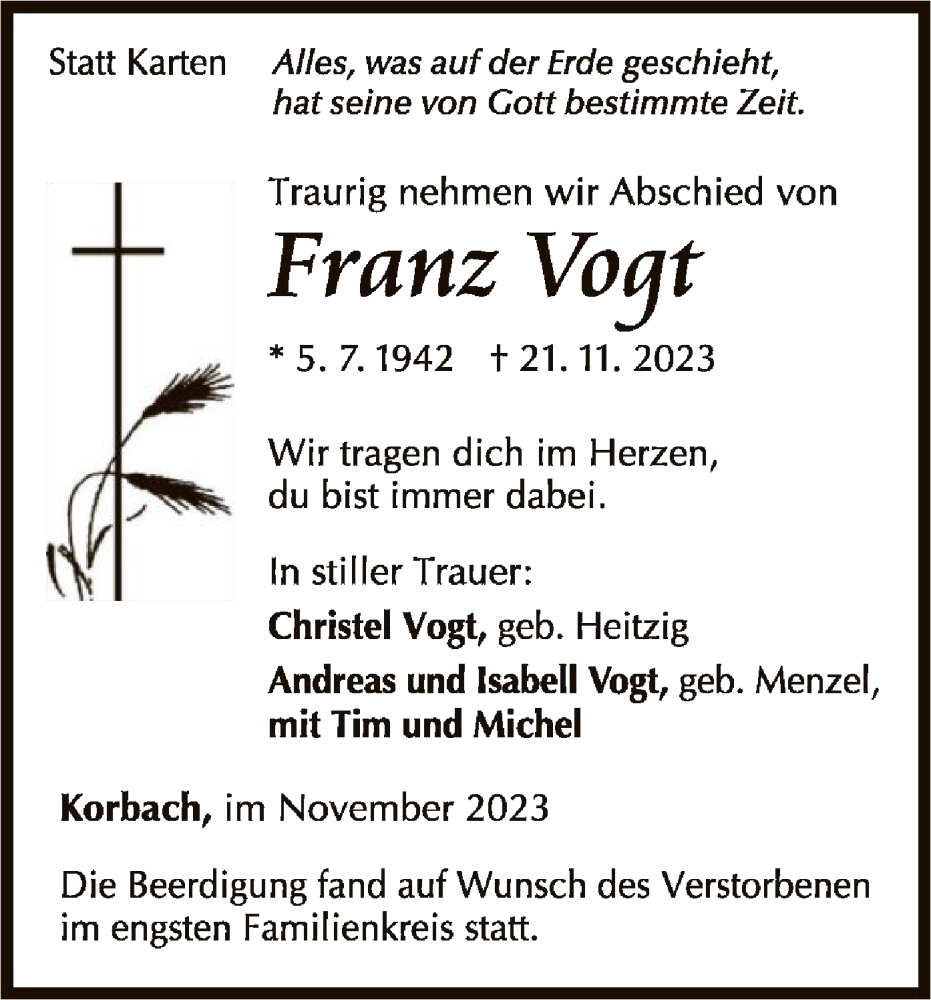  Traueranzeige für Franz Vogt vom 02.12.2023 aus WLZ
