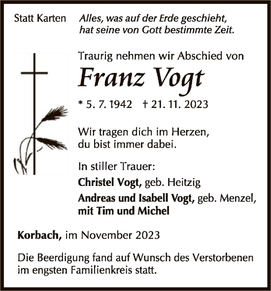 Traueranzeige von Franz Vogt von WLZ
