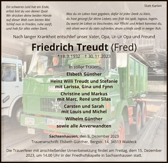 Traueranzeige von Friedrich Treudt von WLZ