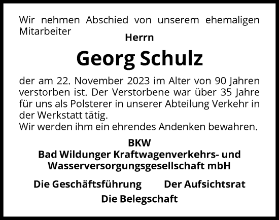 Traueranzeige von Georg Schulz von WLZ