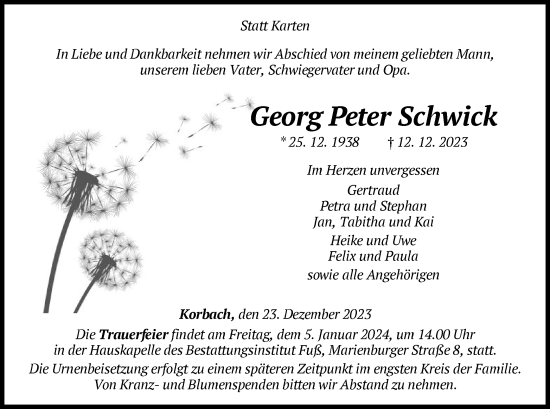 Traueranzeige von Georg Peter Schwick von WLZ