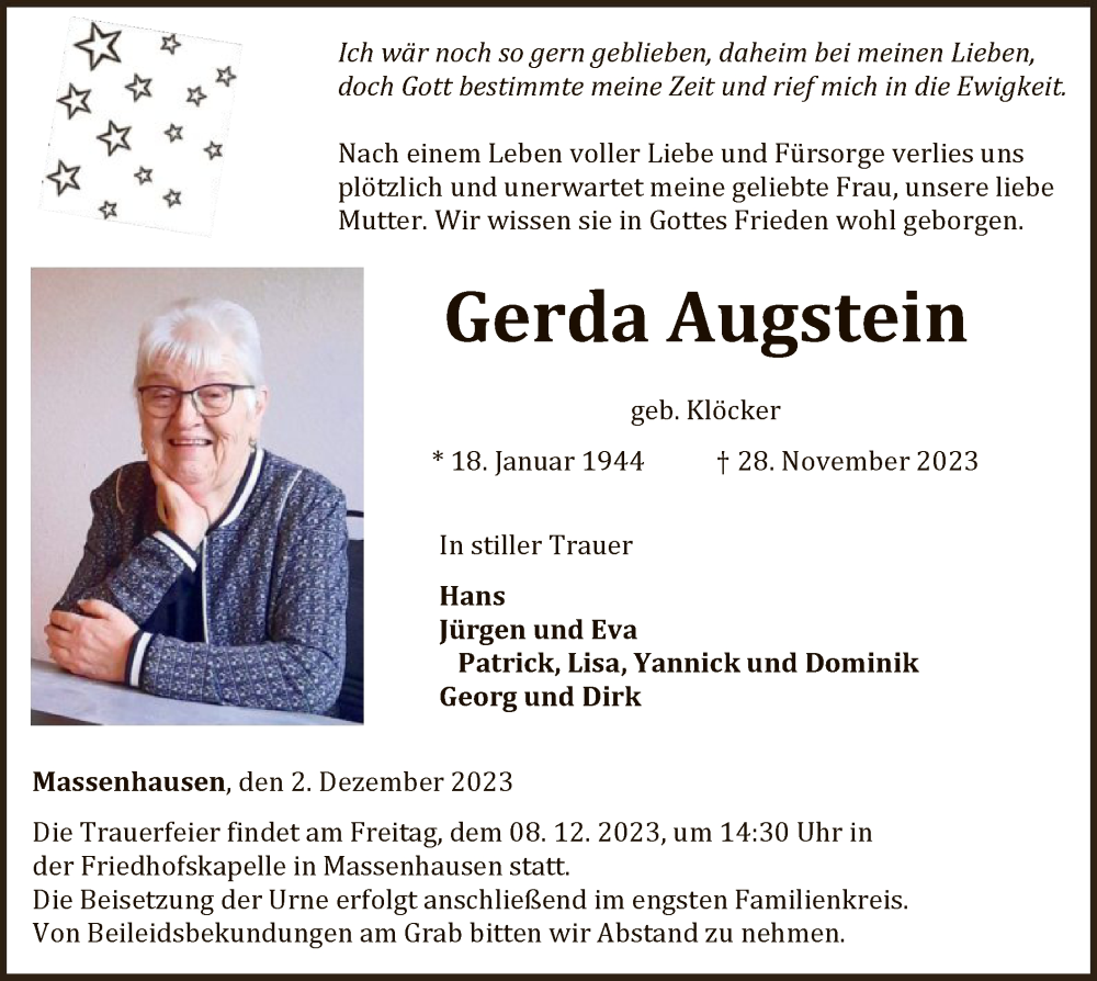  Traueranzeige für Gerda Augstein vom 02.12.2023 aus WLZ