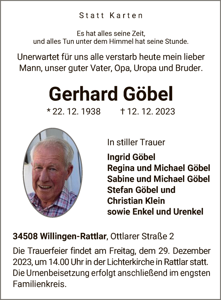  Traueranzeige für Gerhard Göbel vom 19.12.2023 aus WLZ