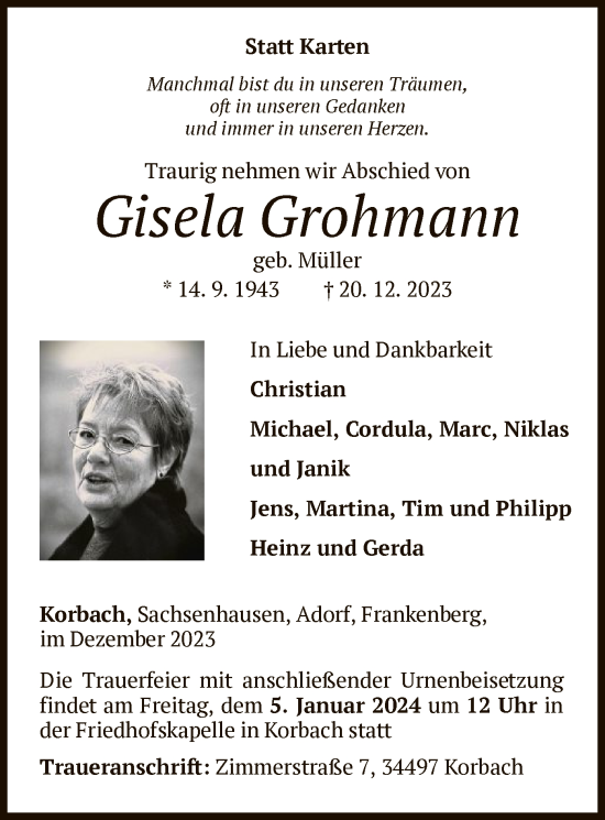Traueranzeige von Gisela Grohmann von WLZHNA