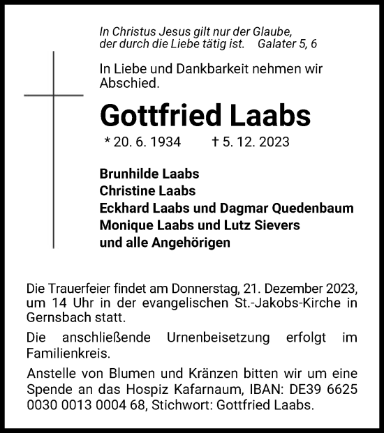 Traueranzeige von Gottfried Laabs von WLZ