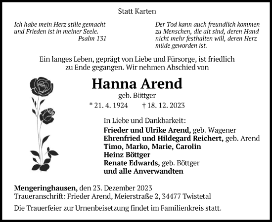 Traueranzeige von Hanna Arend von WLZ